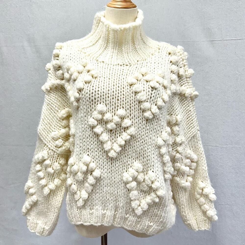 Chicwish Knit Your Love heart pom pom slouchy turtleneck sweater size S/M